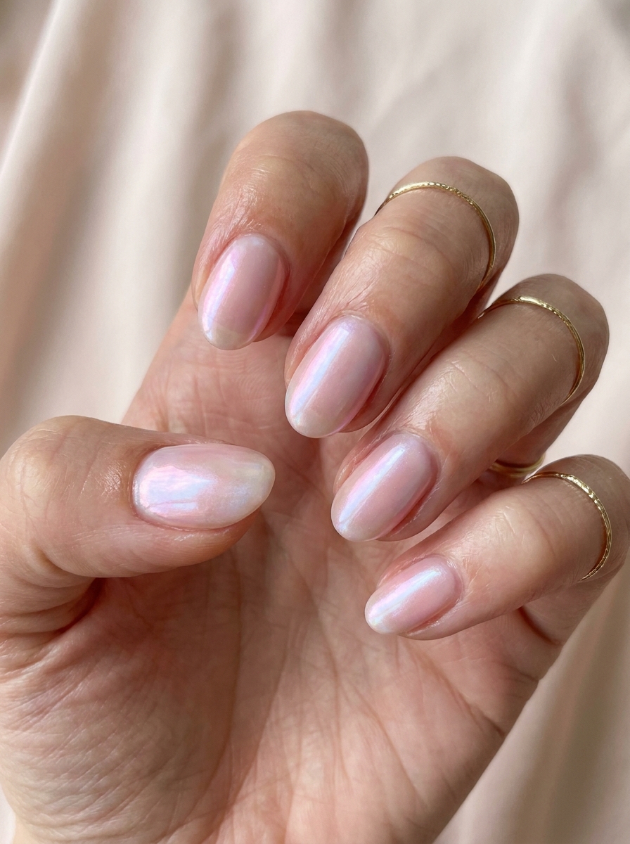 Soft Pink Opal Nails mit zarter Pink-Basis und feinem Opal-Glow